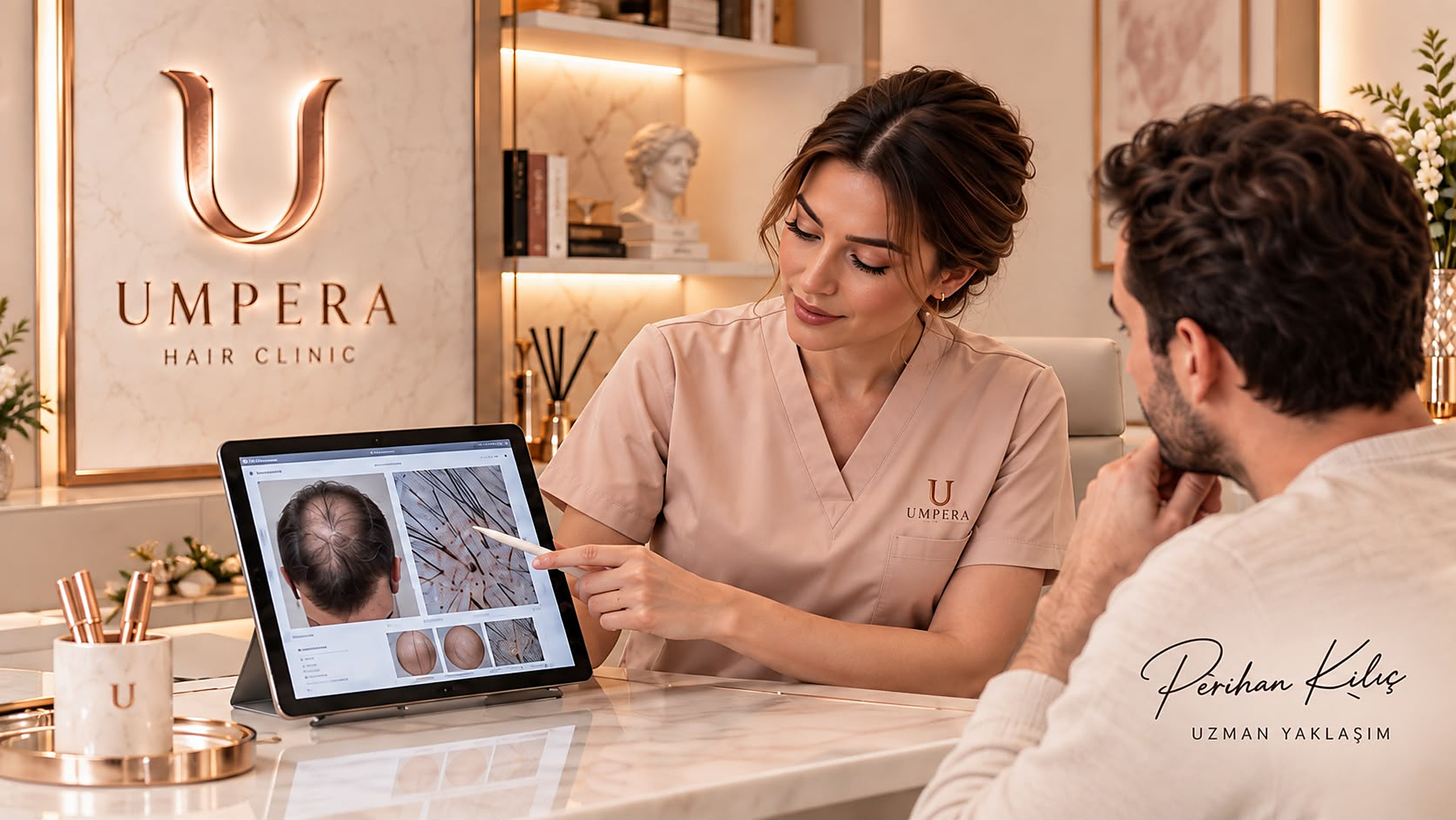 Umpera Hair Clinic'te Perihan Kılıç, tablet üzerinde hastaya saç analizini anlatıyor